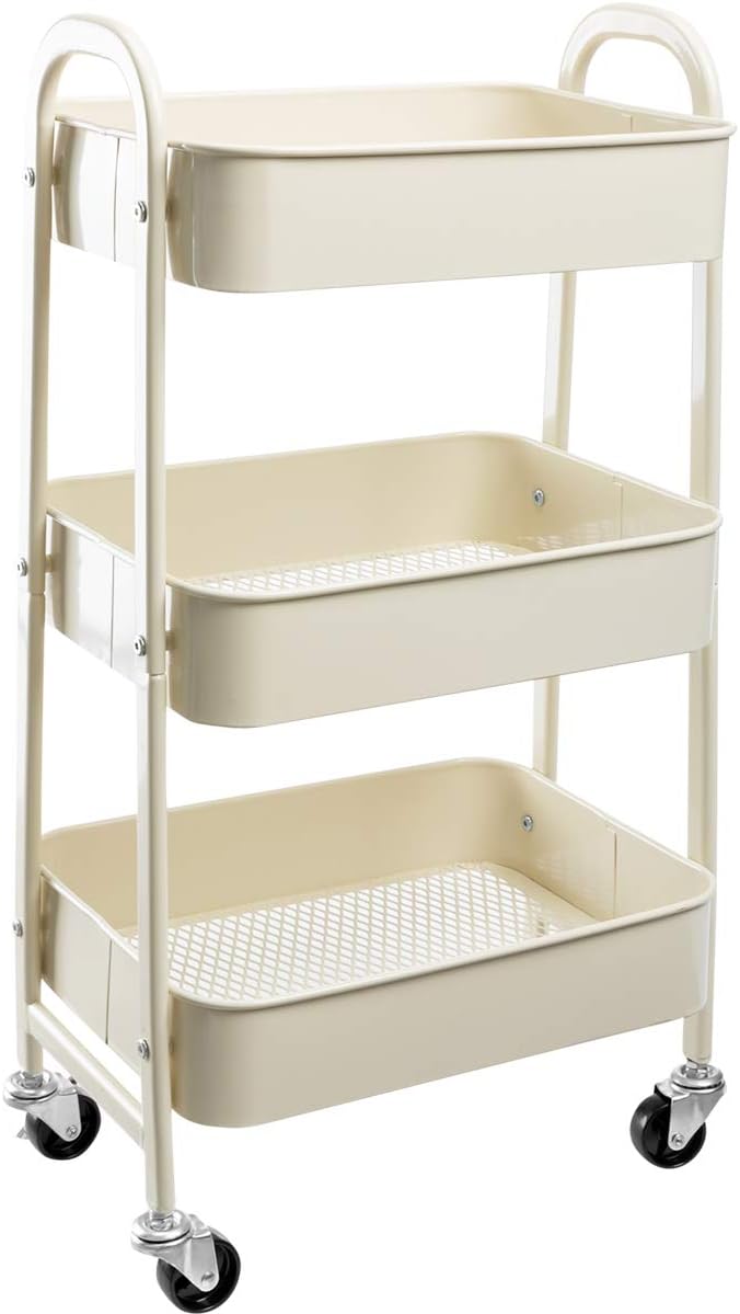 AGTEK Makeup Cart, Movable Rolling Organizer Cart,3 Tier Metal Utility Cart, Beige-NeatNest