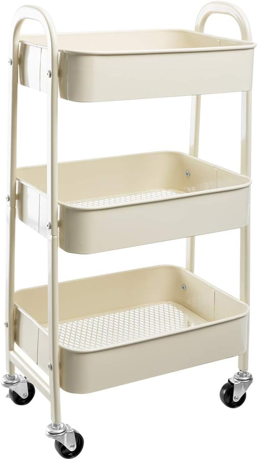 AGTEK Makeup Cart, Movable Rolling Organizer Cart,3 Tier Metal Utility Cart, Beige-NeatNest
