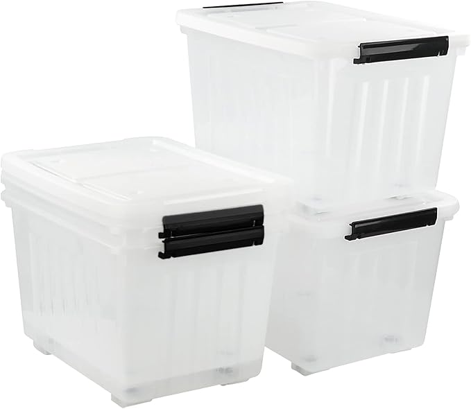 Bringer 4-Pack 30 L Clear Plastic Storage Box, Large Wheeled Storage Bin with lid-NeatNest