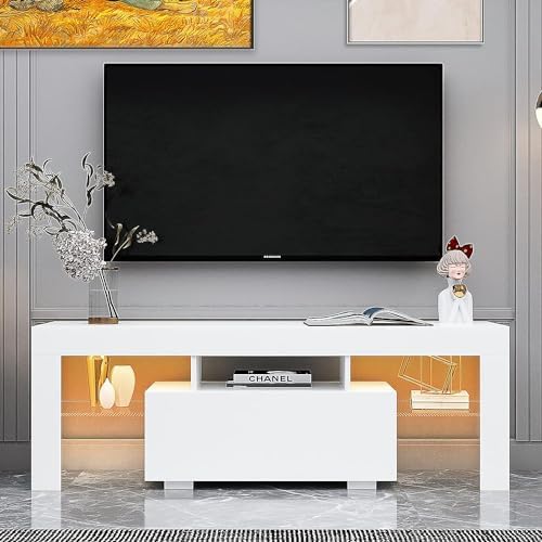HOUAGI LED TV Stand for Televisions up to 55 Inchs, Black Modern Entertainment Center with Storage Drawer and Glass Shelf, TV Console Table for Living Room,Bedroom, 50in-NeatNest