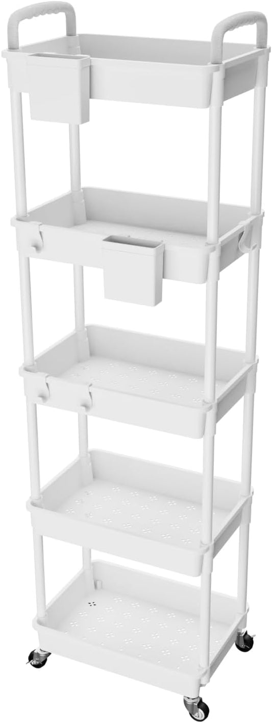 5 Tier Rolling Utility Cart with Handle,REBECAT Utility Cart Made of Multifunctional Storage Organizer Tool for Kitchen,Bathroom,Living Room,Office(White)-NeatNest
