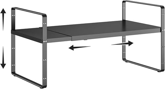 16.5-27’’L Expandable Cabinet Shelf Organizers, Stackable Metal Shelves Extender for Kitchen Countertop Storage, Adjustable Spices Shelves Rack Stand for Cupboard Pantry, Black-NeatNest