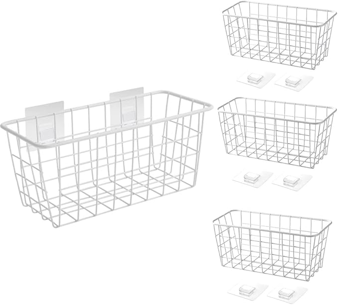 LeleCAT Hanging Kitchen Baskets For Storage Adhesive Sturdy Small Wire Storage Baskets No Drilling Wall Mounted Kitchen Food Pantry Bathroom Shelf Storage, 4 PACK,White-NeatNest