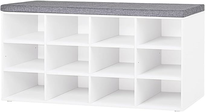 DINZI LVJ Shoe Storage Bench with Cushion, Cubby Shoe Rack with 12 Cubbies, Adjustable Shelves, Multifunctional Shoe Organizer Bench for Entryway, Mudroom, Hallway, Closet and Garage, White-NeatNest