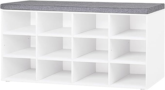 DINZI LVJ Shoe Storage Bench with Cushion, Cubby Shoe Rack with 12 Cubbies, Adjustable Shelves, Multifunctional Shoe Organizer Bench for Entryway, Mudroom, Hallway, Closet and Garage, White-NeatNest