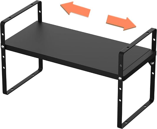 Slideep Adjustable Shelf Rack Height Cabinet Shelf 16.54'' to 27.17'', Expandable Cabinet Shelf Cupboard Stand Kitchen Bathroom Pantry Cupboard Home Office for Cups, Dishes, Plates - Black