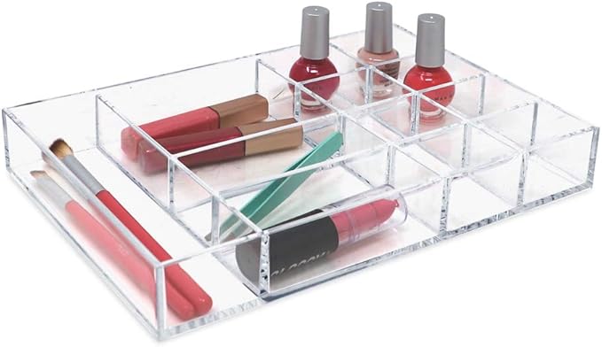 Isaac Jacobs 12-Compartment Clear Acrylic Drawer Organizer (9.4" L x 6.4" W x 1.3" H), Multi-Sectional Tray & Storage Solution for Makeup, School & Office Supplies, Bathroom, Kitchen-NeatNest