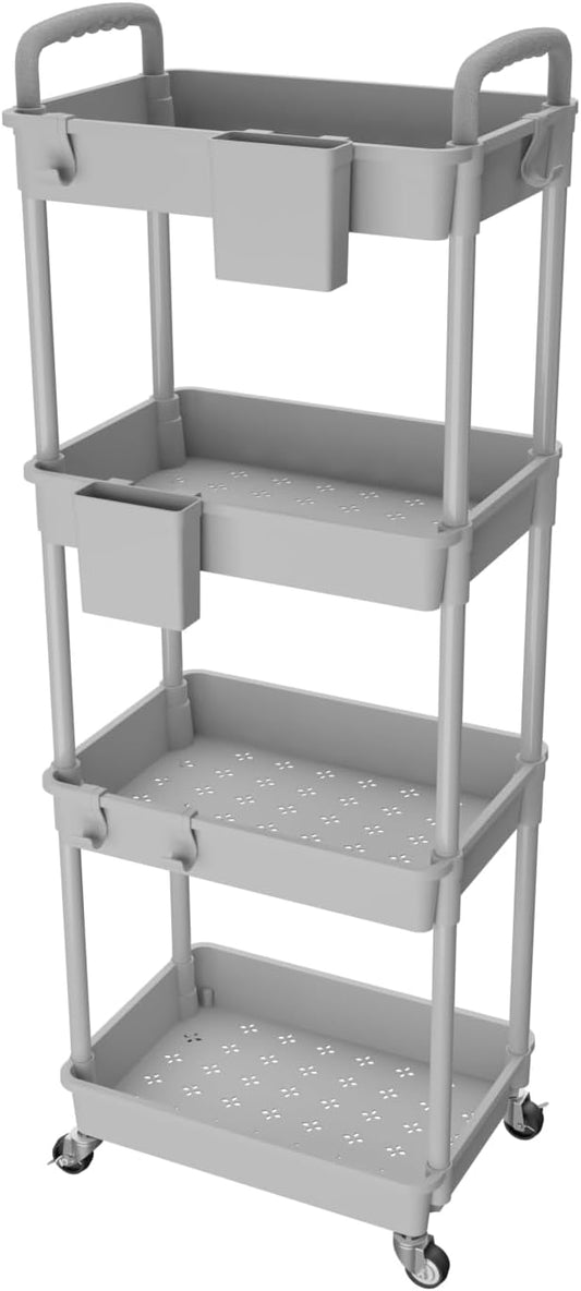 4 Tier Rolling Utility Cart with Handle,REBECAT Utility Cart Made of Multifunctional Storage Organizer Tool for Kitchen,Bathroom,Living Room,Office(Gray)-NeatNest
