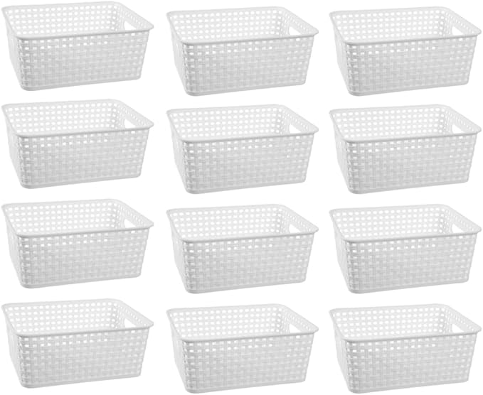 White Plastic Woven Storage Baskets, 12-Pack Weave Basket Organizer for Kitchen Office Bathroom
