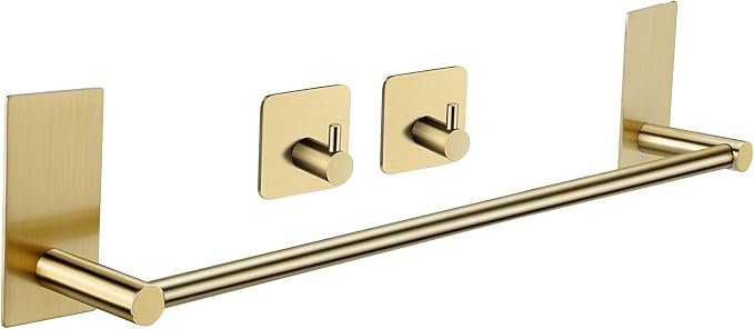 Taozun Golden Towel Bar Set- Self Adhesive Towel Holder + 2 Packs Towel Hooks Bathroom Accessories, 16-Inch Towel Rack for Bathroom Stainless Steel Brushed Brass