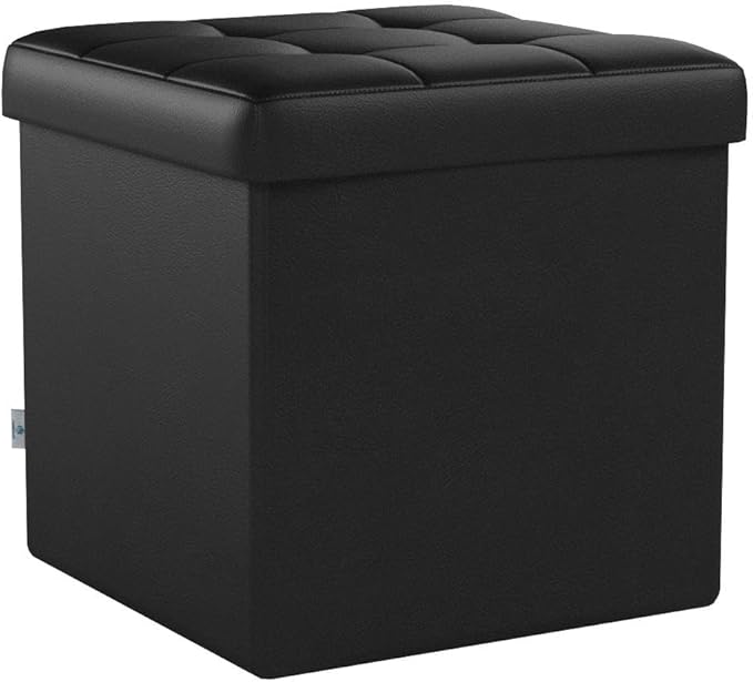 B FSOBEIIALEO Storage Ottoman Small Cube Foot Rest Seat Faux Leather Toy Chest Black 12.6"X12.6"X12.6" (2 Pack)
