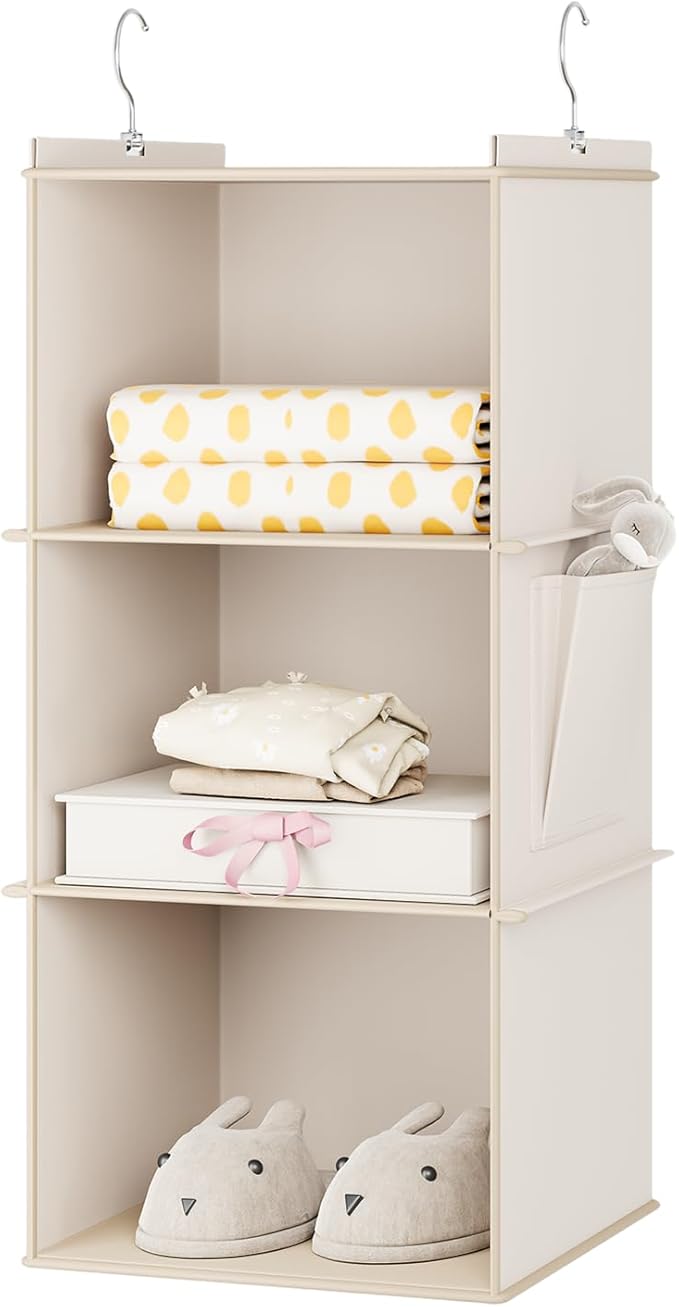 Hanging Closet Organizer, 3-Shelf Closet Hanging Storage Shelves, Beige-NeatNest