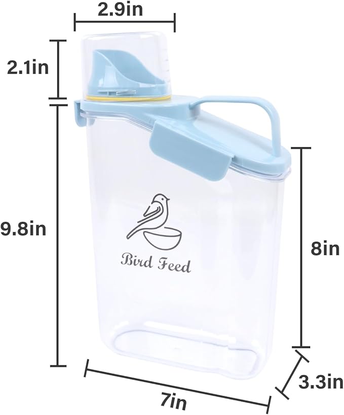 Bird Seed Storage Container,2.8L Airtight Bird Food Container with Handle and Measuring Cup,Portable Pet Food Container for Wild Bird Sunflower Seed-BPA Free Transparent/Blue-NeatNest