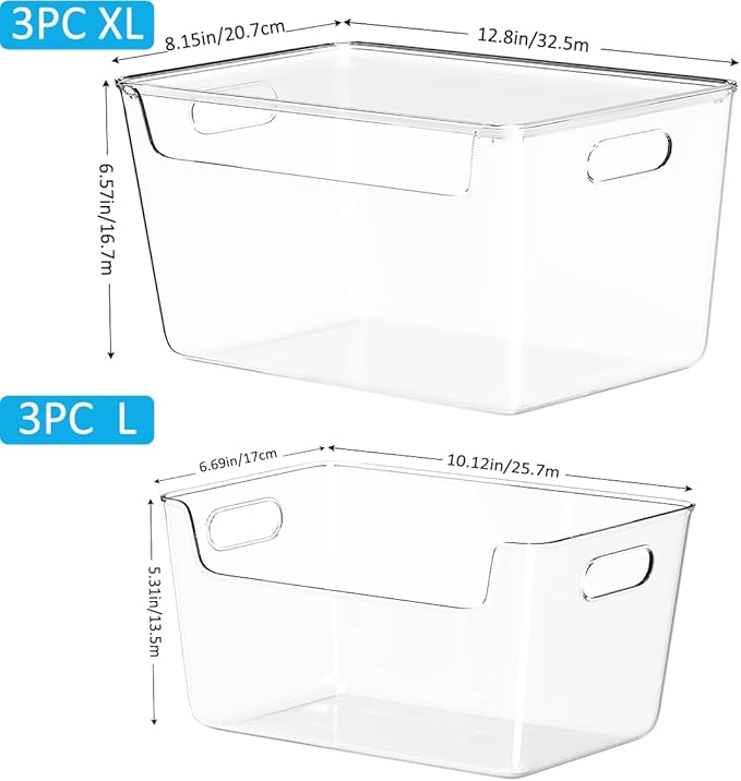 6 PCS Clear Plastic Storage Bins, 2-Sizes Stackable Storage Containers, Pantry Organizers and Storage with Handles, Perfect for Bathroom,Cabinet,Cupboard,Kitchen,Fridge,Closet Organization-NeatNest