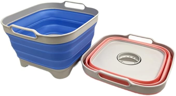 SAMMART 10L (2.64 Gallon) Collapsible Dishpan with Draining Plug-Foldable Washing Basin-Portable Dish Washing Tub-Space Saving Kitchen Storage Tray for Camping & RV (2, Little Boy Blue+Quartz Pink)