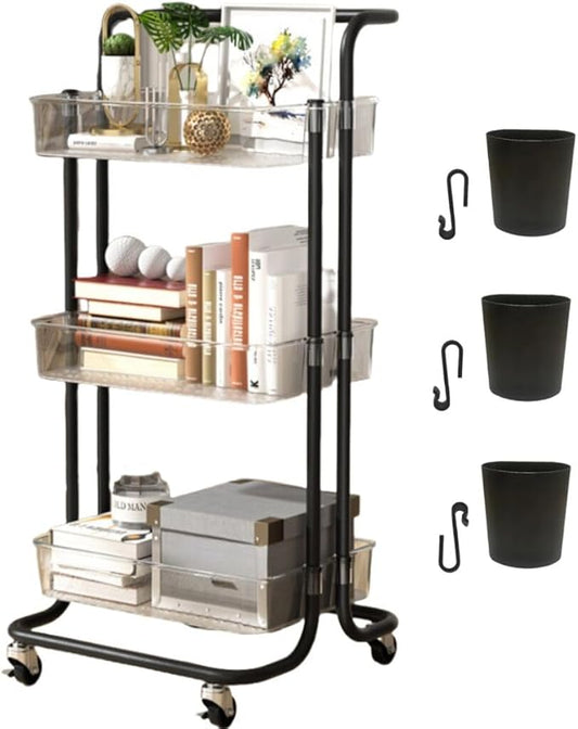 3 Tier Rolling Cart with Metal Handle, Hanging Cups, Hooks, Plastic Storage Baskets & Wheels Lockable, Utility Craft Cart for Bathroom Classroom Office Kitchen Pantry Organizers and Storage, Clear-NeatNest