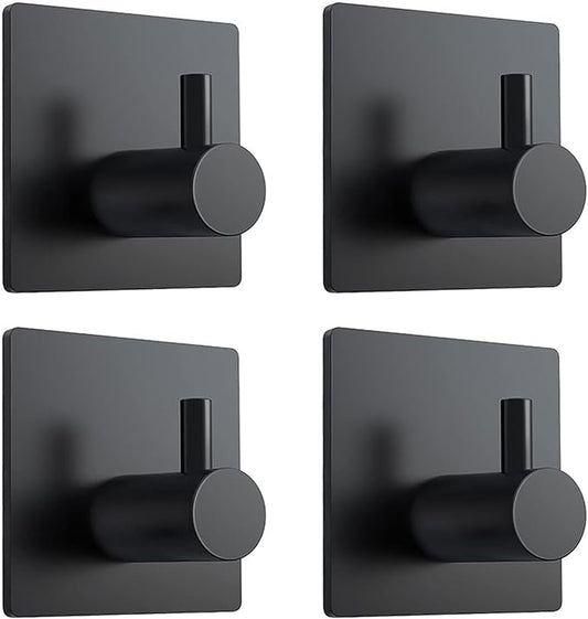 Adhesive Towel Hooks for Hanging - Self Adhesive Damage Free Towel Rack, Waterproof Shower Hooks, Heavy Duty Stick on Stainless Hook for Bathrooms, Kitchens, and Offices (Black,4 Pcs)