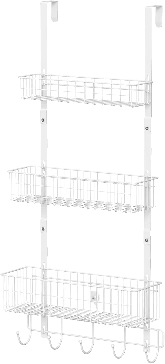 CADUKE Over The Door Organizer Hanger with Basket Hanger Door Towel Rack with 5 Hooks Back of Door Storage Organizer Behind Door Hooks Hanger Shelf for Bathroom, Kitchen, Office, White-NeatNest