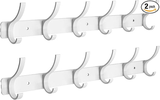 Coat Rack Wall Mounted,6 Coat Hooks for Hanging Coats,Heavy Duty Metal Double Hook Rack Hook Rail,Coat Rack with Hooks,Wall Mount Coat Hanger for Hat Towel Purse Robes (2 Pack White, 6 Hooks)-NeatNest
