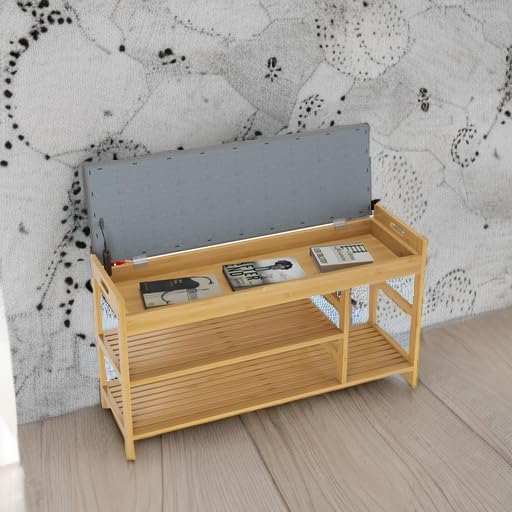 HIFIT Bamboo Shoe Bench Rack with Storage, Entryway Storage Bench with Padded Seat, Shoe Oiganizer Shelf for Entryway Mudroom Bathroom Hallway, Natural