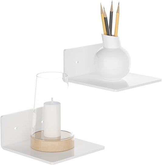 6 Inches Acrylic Small Wall Shelves 2 Pack, Floating Shelf for Wall Mounting, Acrylic Display Ledges for Funko Pop Figures, Home Décor, Living Room, Gaming Room, Plants(6 inch, White)-NeatNest