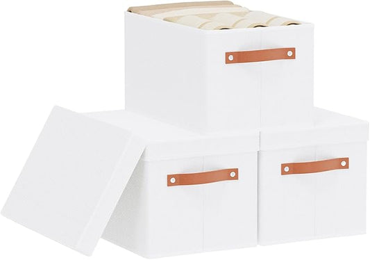 Fabric Storage Bins, Clothes Boxes for Shelves with Lids, Baskets for Organizing with Handles, Decorative Linen Closet Organizers, White, 3 Pack, 15 x 9.8 x 8.3 Inch-NeatNest