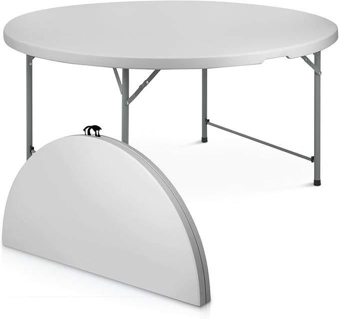 Athena Collection 5.5 ft Plastic Folding Dining Table, Large Foldable Round Card Table Portable with Carry Handle Heavy Duty Fold-in-Half for Indoor Outdoor Party Camping, Grey-NeatNest