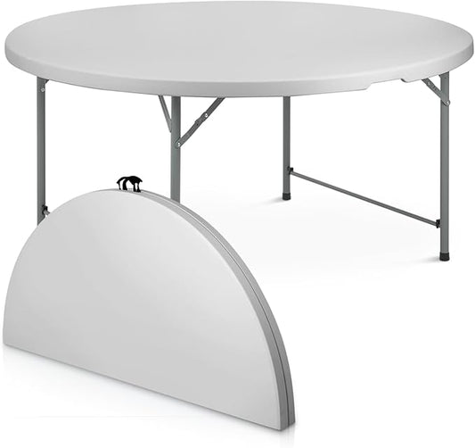 Athena Collection 5.5 ft Plastic Folding Dining Table, Large Foldable Round Card Table Portable with Carry Handle Heavy Duty Fold-in-Half for Indoor Outdoor Party Camping, Grey-NeatNest