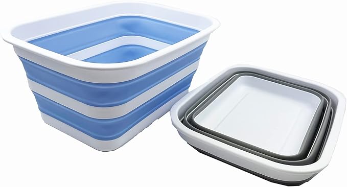 SAMMART 12L (3.17Gallon) Collapsible Tub - Portable Outdoor Picnic Tray - Portable Washing Basin - Space Saving Plastic Washtub (Grey + Baby Blue (Set of 2))