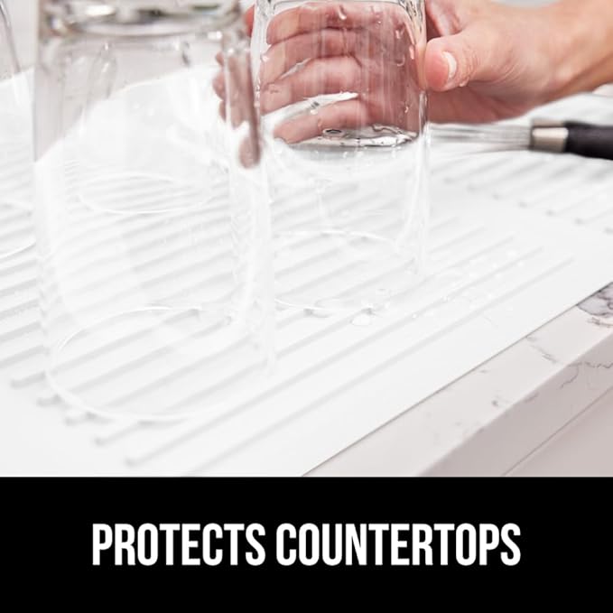 GORILLA GRIP 100% BPA-Free Patented Silicone Dish Drying Mat for Kitchen Counter, Water Catching Ribbed Design, Easy Clean Waterproof Sink Liner, Heat Resistant, Fits Under Rack, 13x11 Inch, White