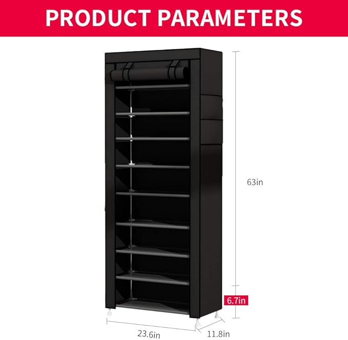 UDEAR 9 Tier Shoe Rack with Dustproof Cover Shoe Shelf Storage Organizer Black-NeatNest