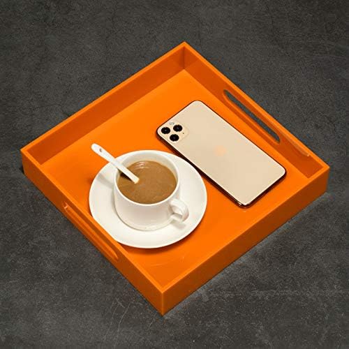 Orange Sturdy Acrylic Serving Tray with Handles-10x10Inch-Serving Coffee,Food,Breakfast,Butler-Kitchen Countertop Tray-Makeup Drawer Organizer-Vanity Table,Ottoman Tray-Decorative Tray-NeatNest