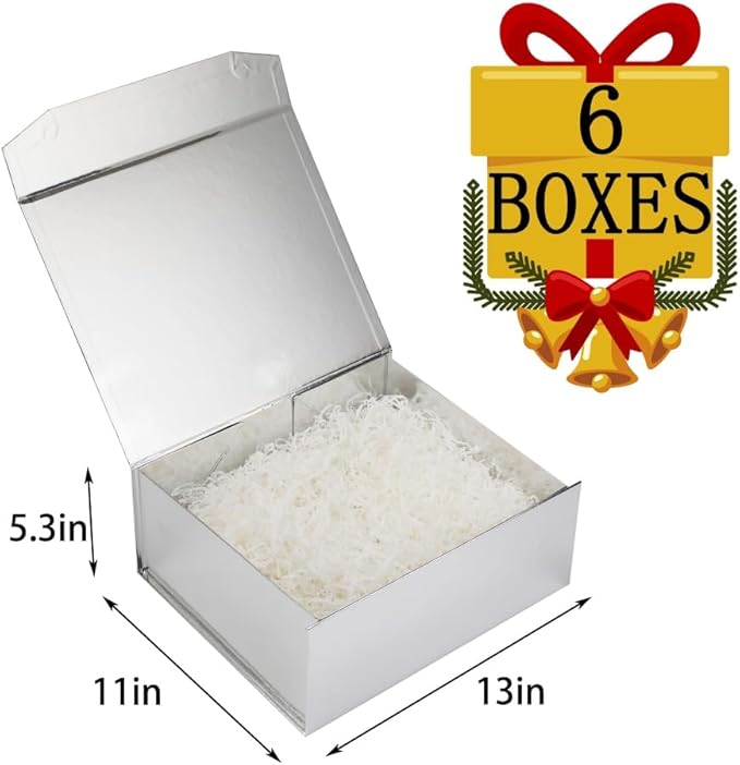 6 Pcs Silver Gift Boxes - Large 13x11x5.3 Inch - Modern Style - Magnetic Lids - Crinkle Paper - Luxury Gift Boxes for Presents-NeatNest