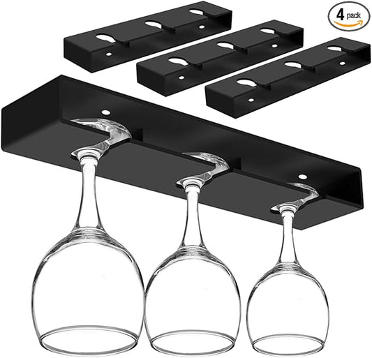 4Pack Wine Glass Holder Under Cabinet Shelf,Plastic Wine Glass Rack Stemware Drying Storage Hanger for Kitchen,Bar and Restaurant(Black)