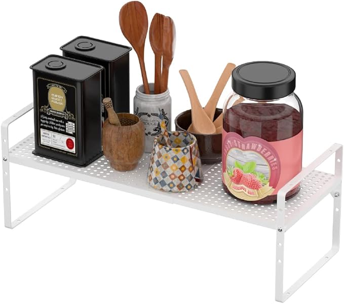 Expandable Counter Shelf, Adjustable Height Spice Rack Metal Mesh Board Shelf Organization for Kitchen Pantry Bathroom Office -White-NeatNest