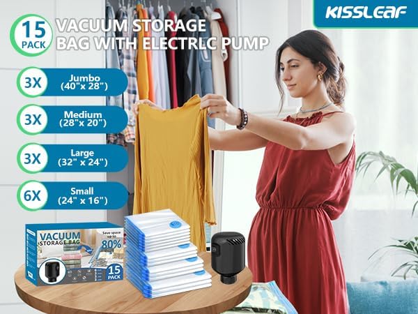 15 Pack Vacuum Seal Bag for Clothing with Electric Air Pump,Space Saver Vacuum Storage Bags for Clothes,Mattress, Blanket, Duvets, Pillows(3 Jumbo/3 Large/3 Medium/6 Small Bags)-NeatNest