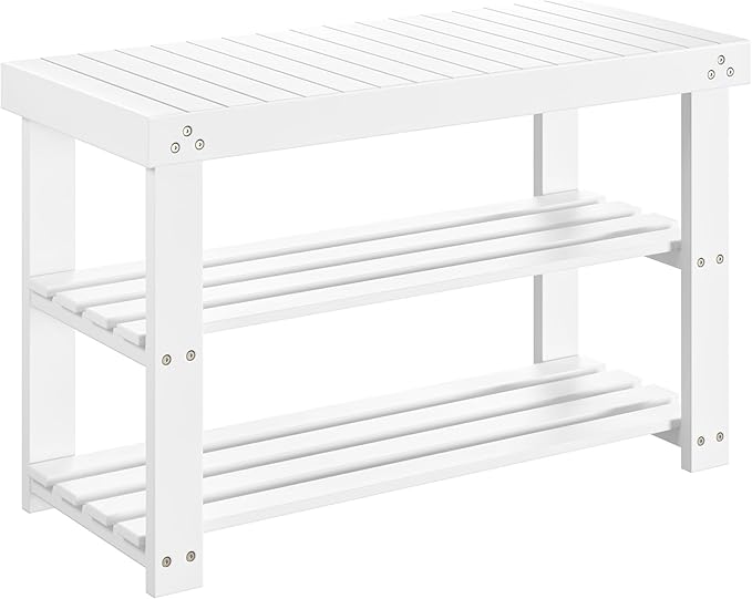 Pipishell Bamboo Shoe Rack Bench, 3-Tier Sturdy Shoe Organizer, Storage Shoe Bench, Holds up to 300lbs for Entryway Bedroom Living Room Balcony (White)-NeatNest