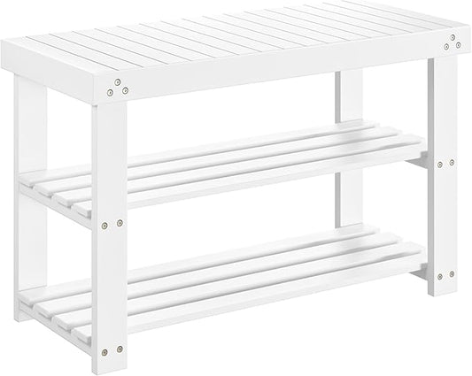 Pipishell Bamboo Shoe Rack Bench, 3-Tier Sturdy Shoe Organizer, Storage Shoe Bench, Holds up to 300lbs for Entryway Bedroom Living Room Balcony (White)-NeatNest