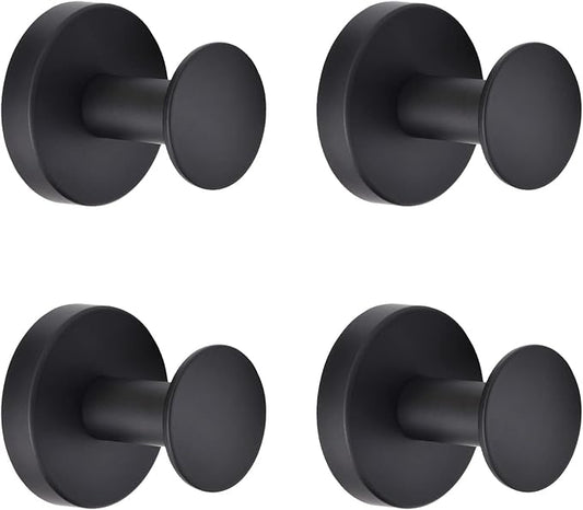 NEWRAIN Towel Hooks, 4 Pack Towel Holder for Bathroom Wall, Cabinet Closet Door, Kitchen, Bedroom, Hotel - Modern Design Effortless Mounting Towel Hangers, Robe Hook Matte Black