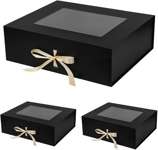 3 Pcs Extra Large Black Gift Box for Presents with Ribbon 19x16x6 Inches Clear Gift Box with Window Magnetic Closure Gift Boxes with Lids-NeatNest
