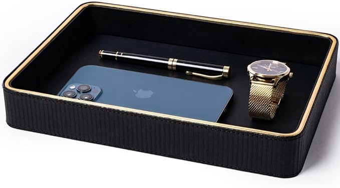 Black Leather Valet Tray for Men| Catch All| Bedside Organizer for Nightstand| Cologne Tray for Men-NeatNest
