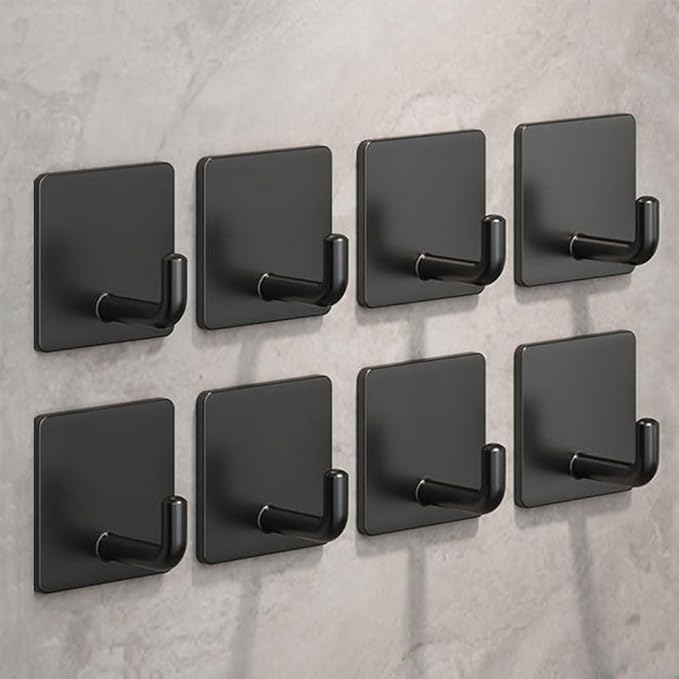 Adhesive Hooks for Hanging, Self-Adhesive Wall Hook for Key Hat Coat, No Drill Stick on Bathroom Towel Hooks, Shower Kitchen Door Home Outdoor 8 Pack, Black
