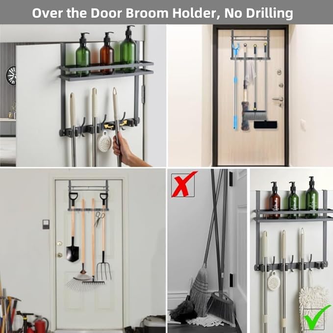 Broom Holder Over The Door Over Door Broom and Mop Rack Over The Door Hooks Organizer With4 Slots & 3 Hooks 1 Storage Basket For Laundry Room, Garage, Closet, Kitchen Decor (grey)