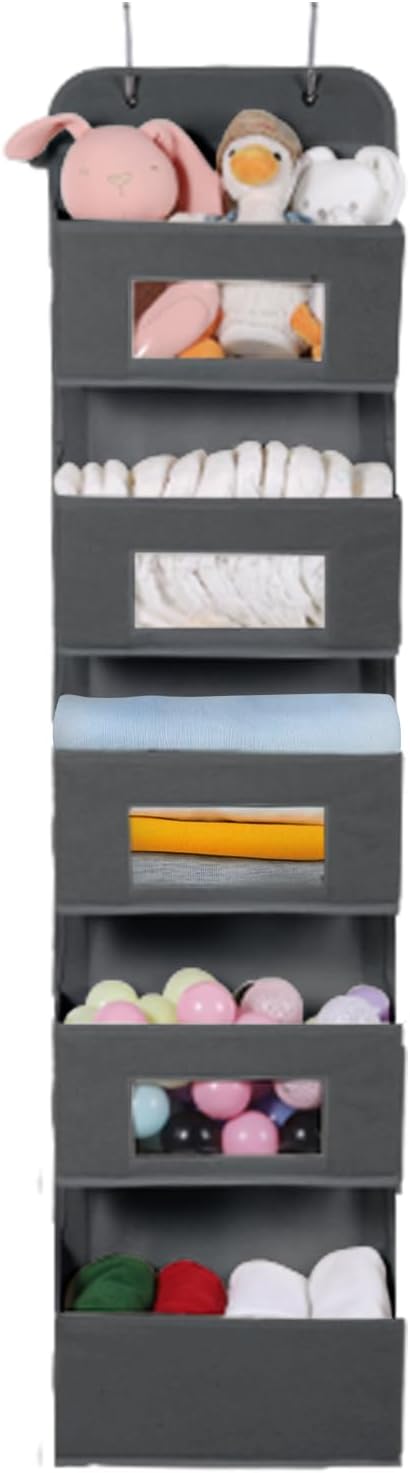 5-Shelf Over The Door Hanging Organizer with 2 Metal Hooks，5 Pocket Over The Door Wall Mount Storage with Clear Windows for Baby Nursery Bathroom Closet,Bedroom,Dorm (Gray-2 Pack)-NeatNest