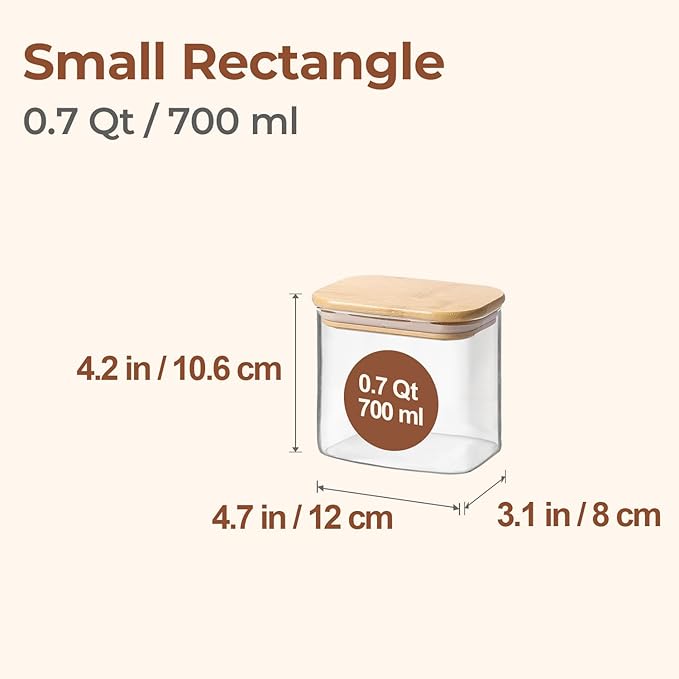 ComSaf 0.7 Qt Rectangle Glass Storage Containers with Lids, Glass Jars with Bamboo Lids, Clear Food Jar, Sugar Coffee Containers, Small Pantry Storage Container for Tea Candy Nuts Spices Oat-NeatNest