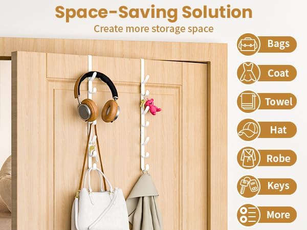 Over The Door Hooks, Metal Door Hooks for Hanging,Door Purse Organizer for Door Coat Hanger, Back of Shower for Hanging Towel Rack Clothes, Hat, Bathroom Bathroom Dorm Bedroom Closet (White-2Packs)