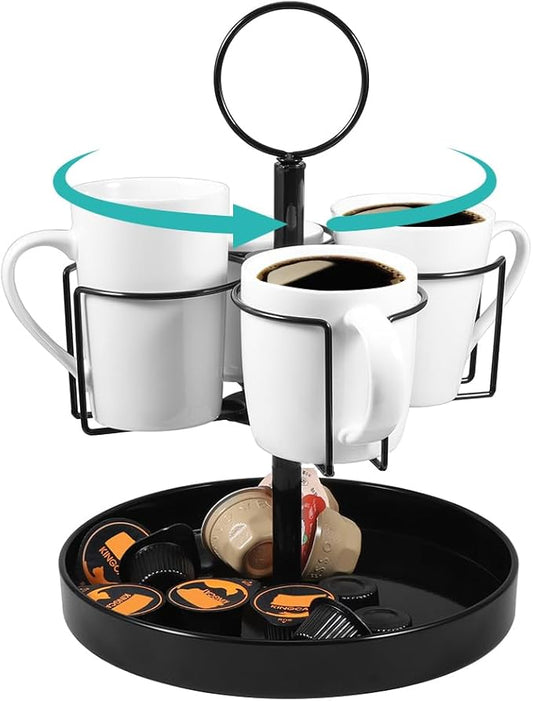 4 Mugs Stand Holder, Rotatable Metal Coffee & Beer Mug Rack with Tray Cups Drink Stand for Parties Countertop-NeatNest
