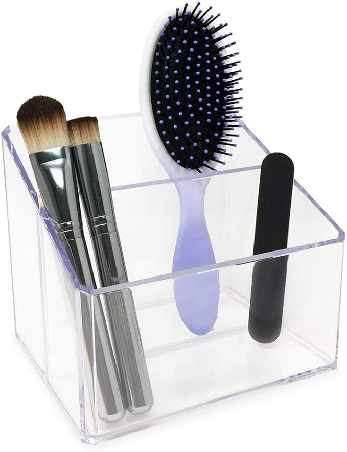 Isaac Jacobs Clear Acrylic 2-Section Organizer, Remote Holder & Multi-Functional Makeup, Brush, Pen & Pencil Storage Solution, for The Home, Bathroom, Office, Child’s Desk (2-Section, Clear)-NeatNest