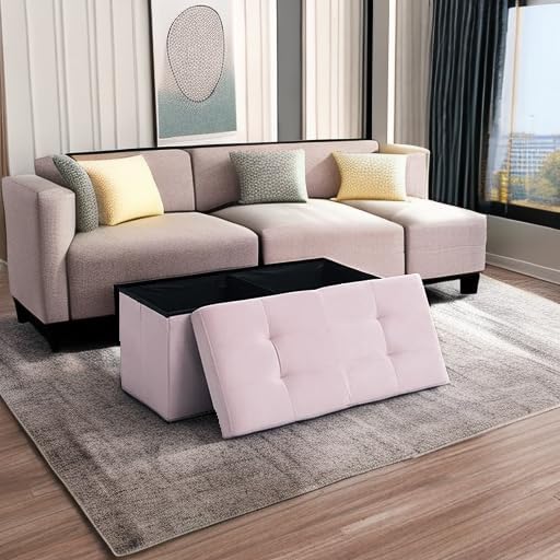 CUYOCA Storage Ottoman Bench Foldable Seat Footrest Shoe Bench End of Bed Storage with Flipping Lid, 75L Storage Space, 30 inches Velvet Pink-NeatNest