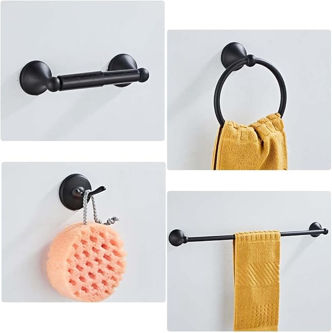 4 Piece Bathroom Accessory Set(Adjustable Towel Bar, Towel Ring, Toilet Paper Holder,Towel Hook), Wall Mounted Bathroom Hardware Accessories Set,Matte Black